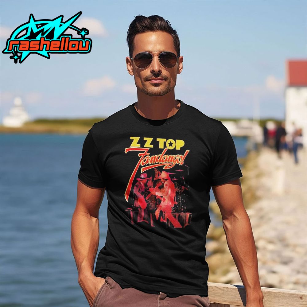 ZZ Top Group On Stage Fandango Album Guitar Shirt ZZ Top Group On Stage Fandango Album Guitar Shirt